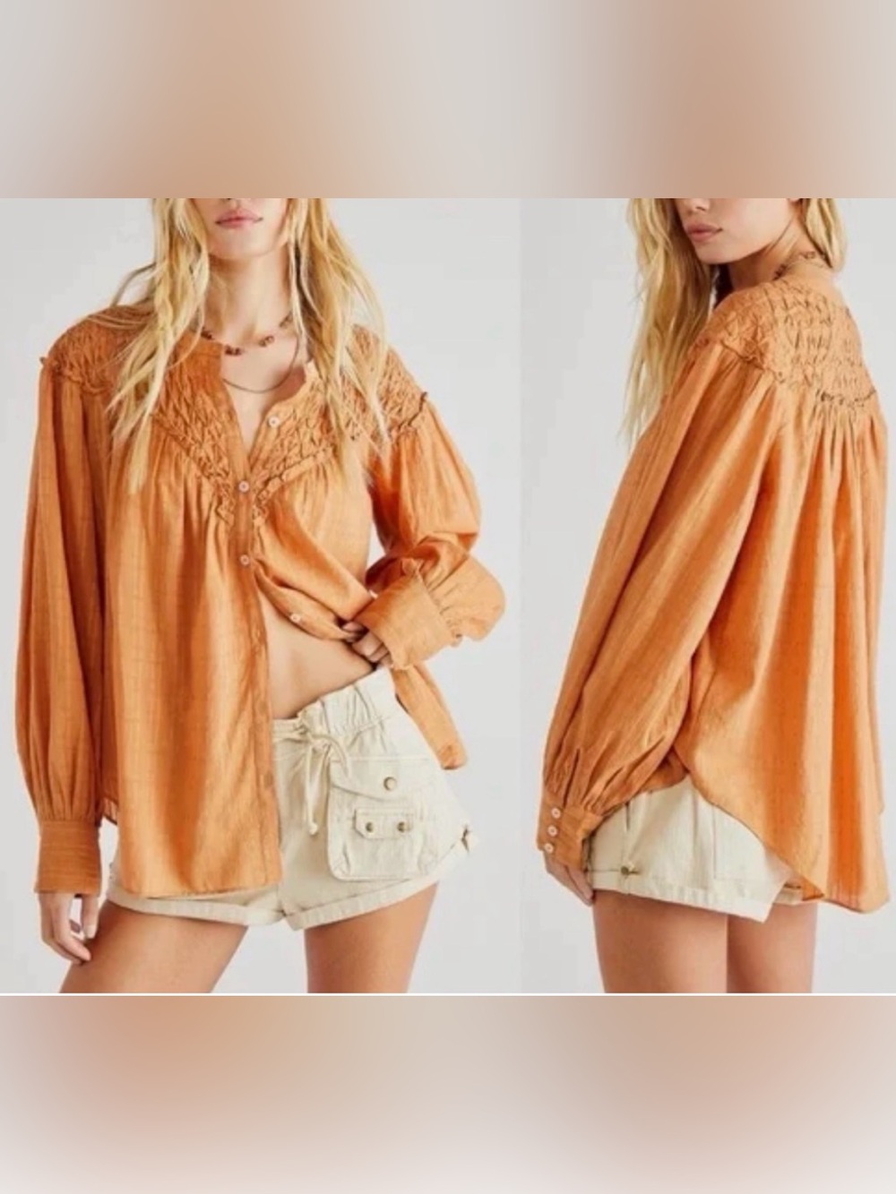 Free People $138 Marigold Button down Blouse Top Wood Chimes Fall Oversized M